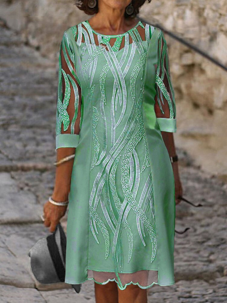 sixsr Fashion Trends Embroidered Dress Half Sleeve Casual Dress Sexy See-through Patchwork Lace Party Dress Women Fashion O Neck Loose Pullover Dress