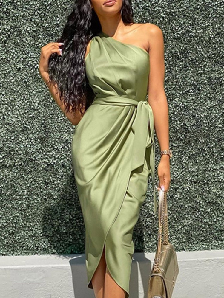 Office Elegant V Neck Strap Long Dress Women Sexy Sleeveless Irregular Party Dress Fashion Tie-up Wrap Solid Satin Maxi Dresses