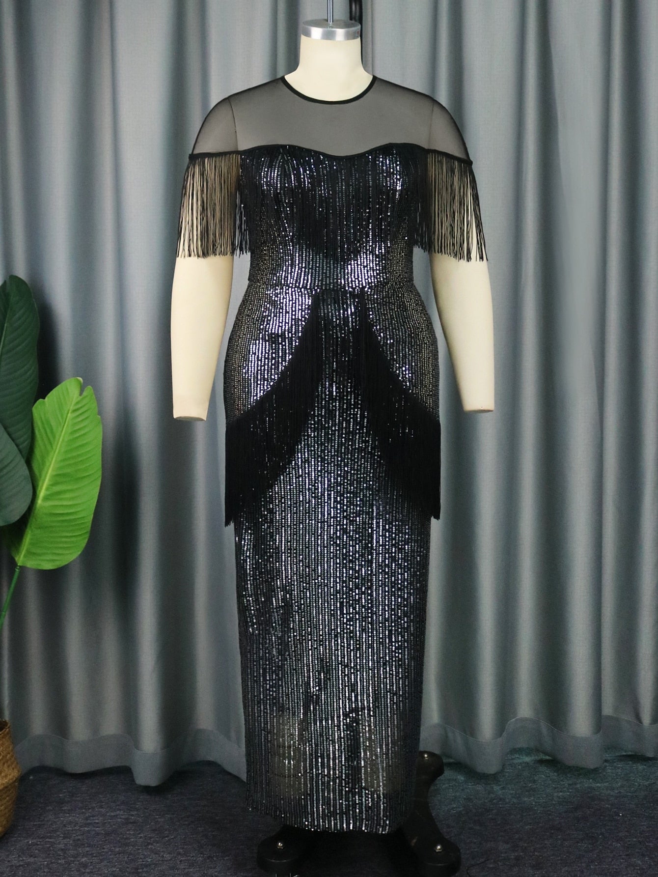 Elegant Dress for Women Luxury Long Black Sequin Tassel Dresses Fringe Prom Wedding Guest Formal Occasion Big Size 3XL 4XL
