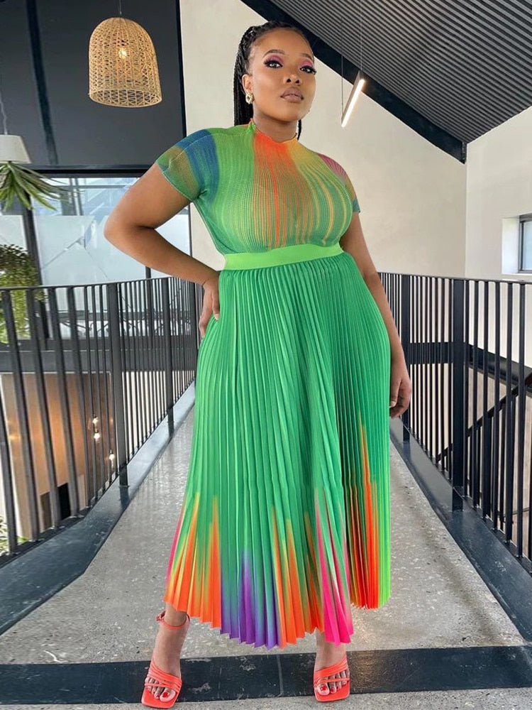 Long Pleated Dress Sets Women 2 Piece Outfits Summer Short Sleeve Gardient Print Swing Skirt Set Elegant Casual New In