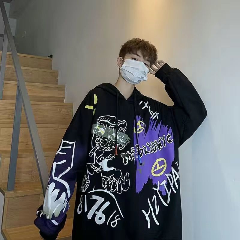 Sixsr Autumn and winter Korean style trend plus fleece hooded sweater men graffiti hip-hop all-match loose printed coat couple sweater
