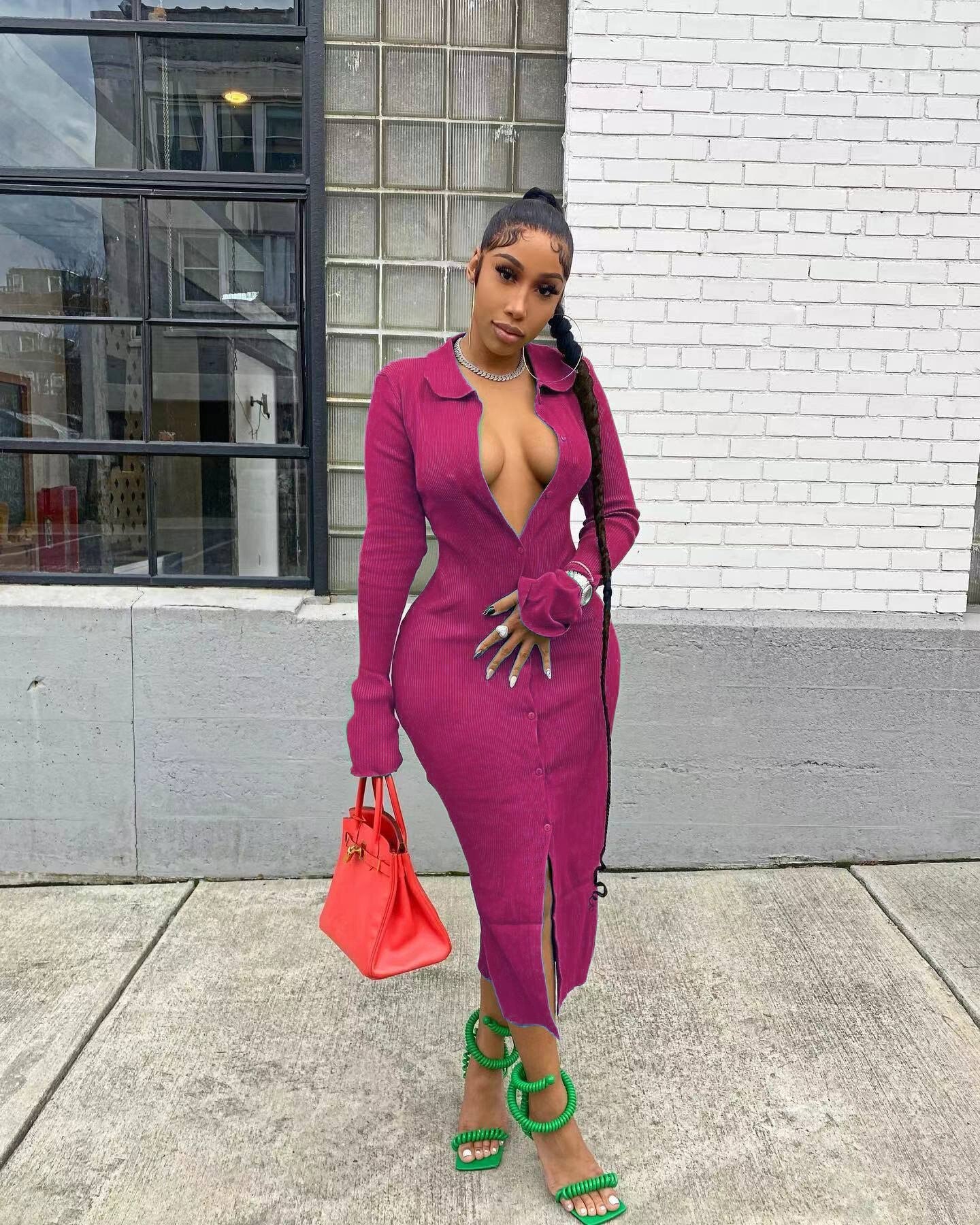 sixsr Womens Fashion Long Sleeve Knitted Button Midi Dress Turn Down Collar Slim Sexy Dresses Autumn Ribbed Robe Women Clothing Vestidos