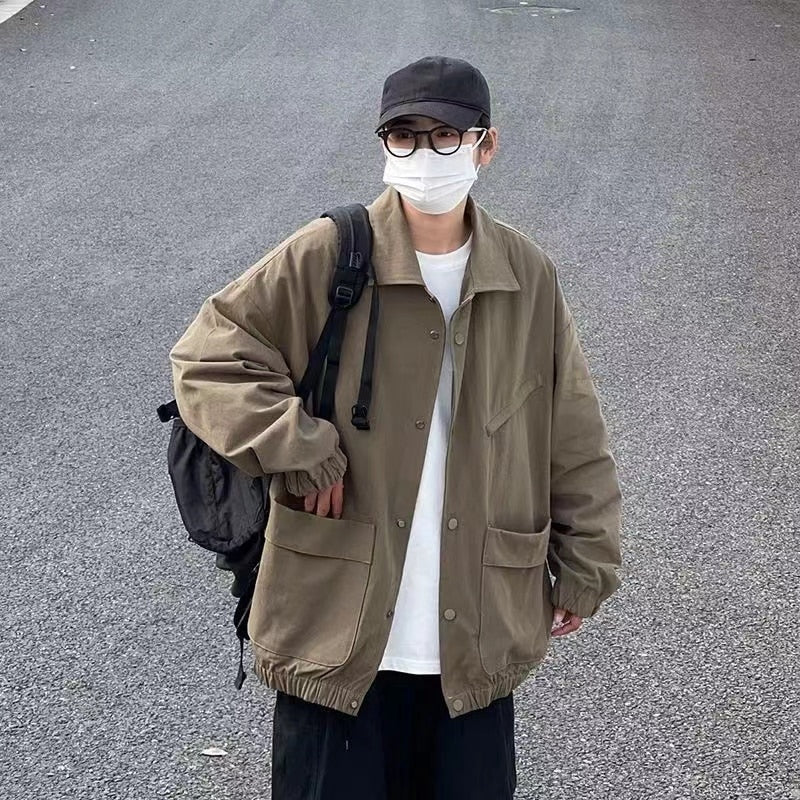 2024 Men's Japanese Vintage Lapel Collar Cargo Jackets Work Clothes Harajuku Loose Casual Coats Solid Color Outerwear M-2XL