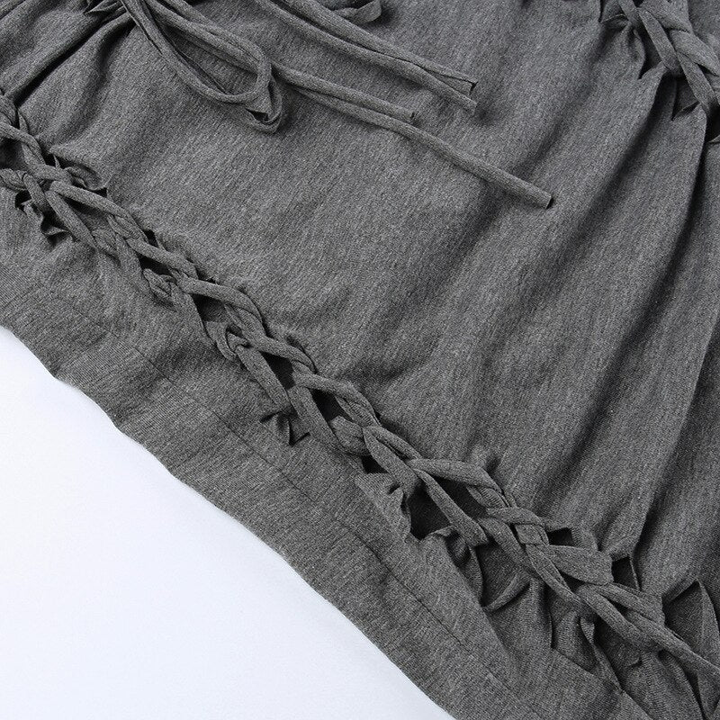 Dark Gray Hollow Out Mini Dress Sexy Drawstring Bandage Backless Summer Dresses for Women Birthday Party Clubwear