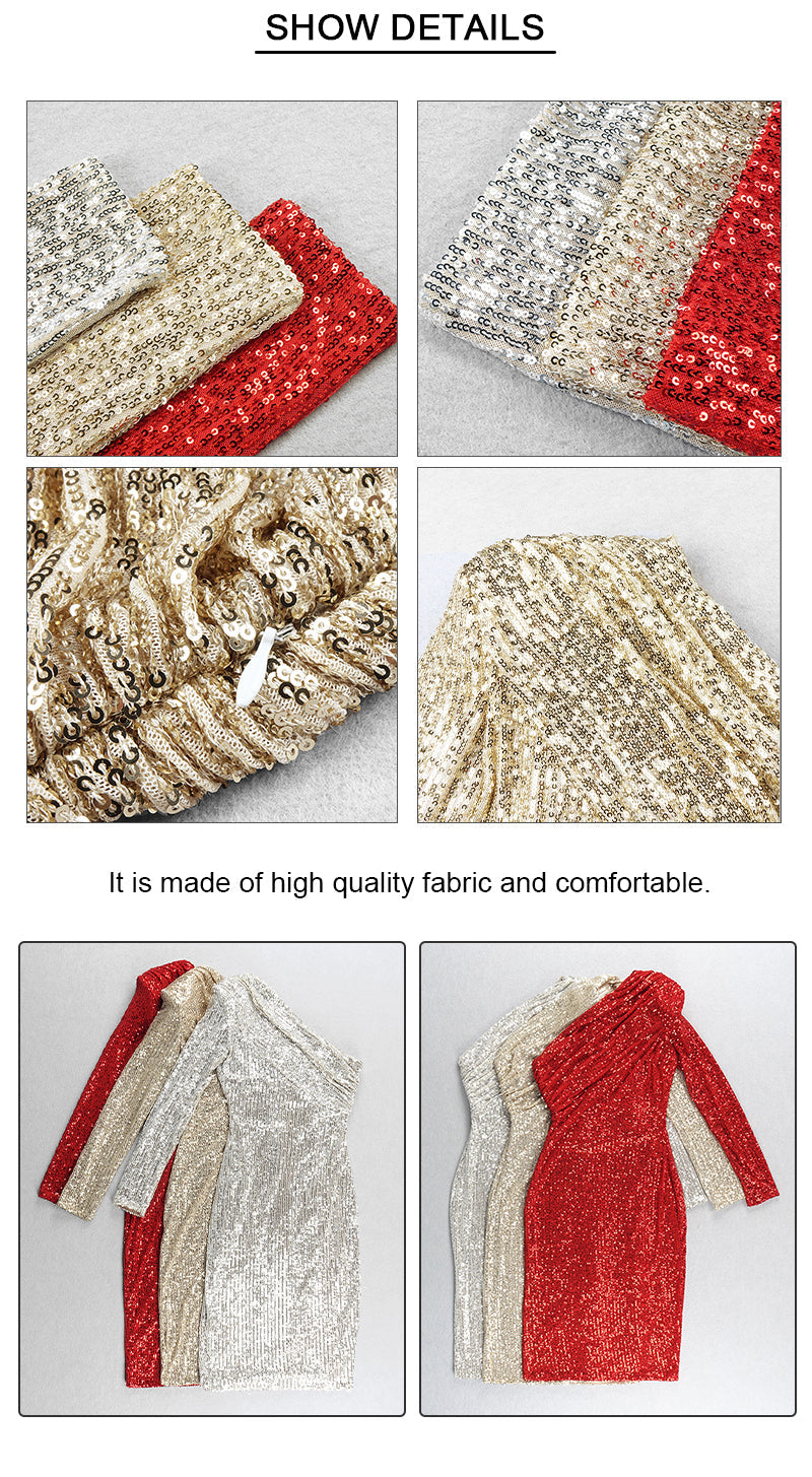 sixsr Sexy One Shoulder Dress Sparkle Glitzy Sequins Dress Mesh Patchwork Celebrity Christmas Party Vestidos