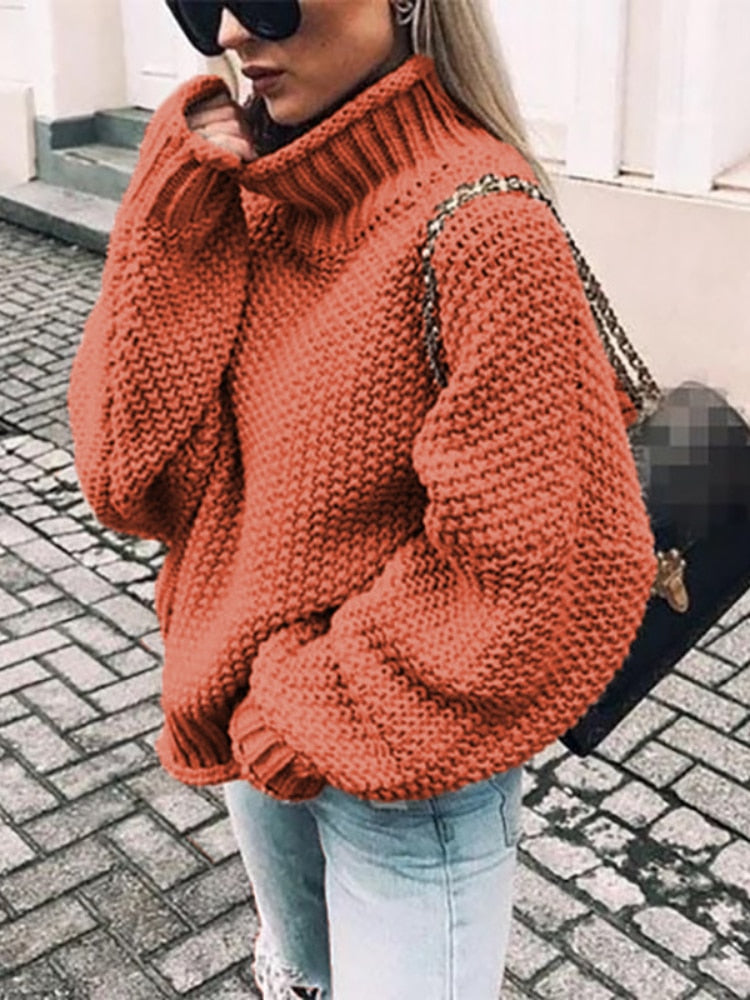 sixsr Womens Fall Fashion Sweater Women Autumn/Winter Turtleneck Doll Sleeve Loose Knit Sweater Fashion Women's Top Sweaters High Quality Thermal