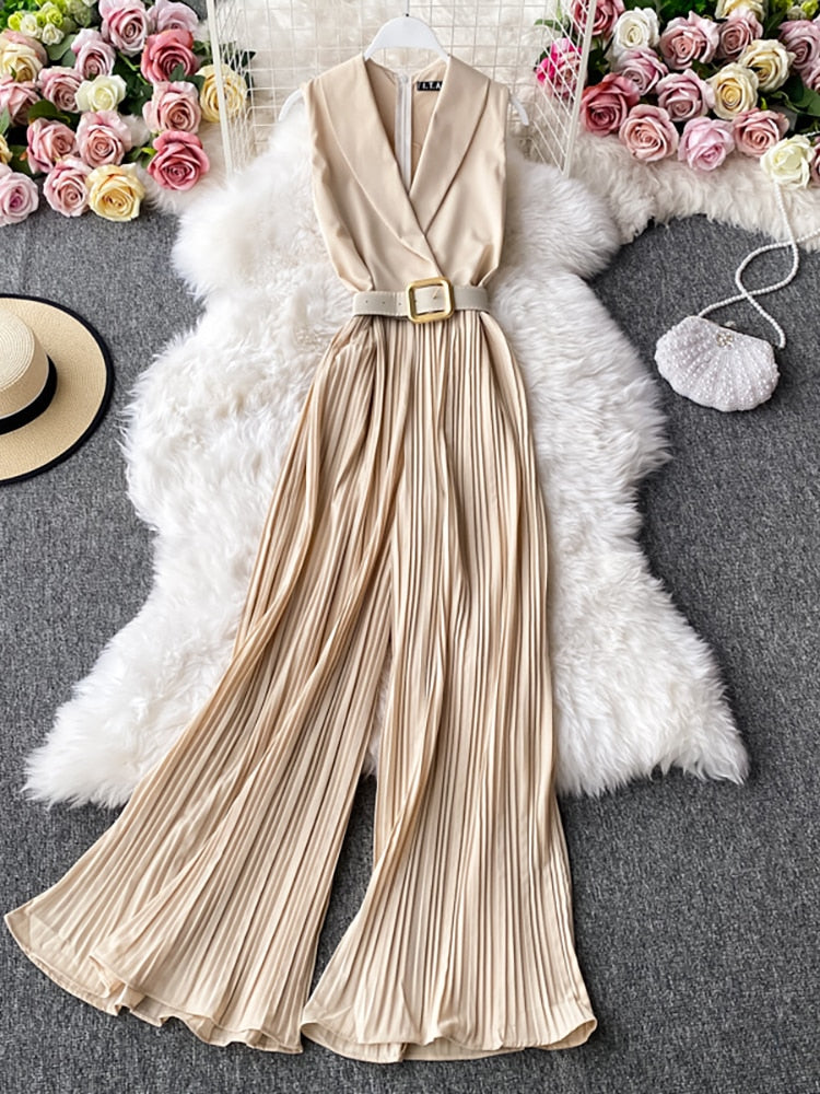Vintage Notched Collar Draped Rompers For Women Casual Sleeveless High Waist Wide Leg Playsuits Female Beige/Green Jumpsuit