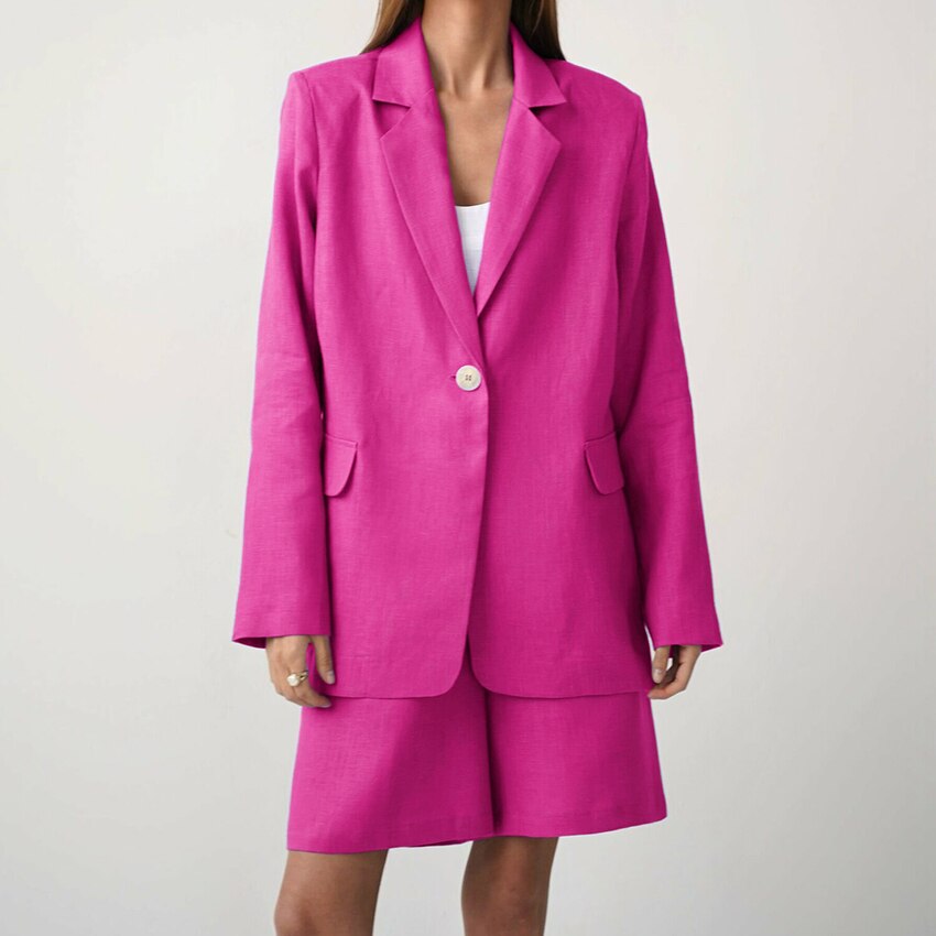 sixsr Fashion Trends Office Cotton Linen Outfit Spring Autumn Notched Loose Long Sleeve Blazer Fashion Lady Women Suits High Waist Shorts Sets