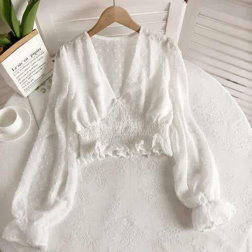 Sixsr Women Fashion Spring Women Sweet Spot Blouse Ladies Fashion Chiffon Pullover Shirt V-neck Slim Long Puff Sleeve Folds Tunic Short Top