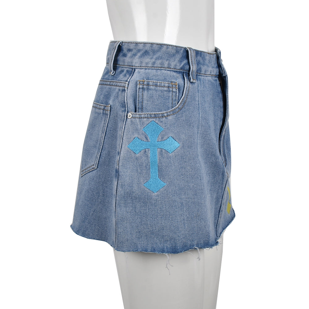 sixsr  Womens Fashion Denim Skirt Pattern Emboridery Tassel Pocket Zipper Straight Hot Women Bottoms Holiday Vocation Casual Wear Y2k Clothes