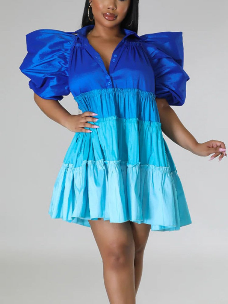 Women Causal Oversized Short Dress ruched Puff Sleeve Button Down Color Block Loose Shirt Dress Mini Summer Clothes New