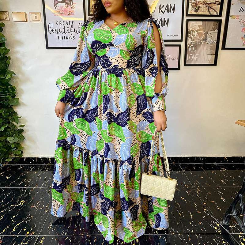 Summer Party Long Maxi Dress Women Long Sleeve Slit Vintage Printed Pleated Bohemian Beach Sundress Casual Vestido