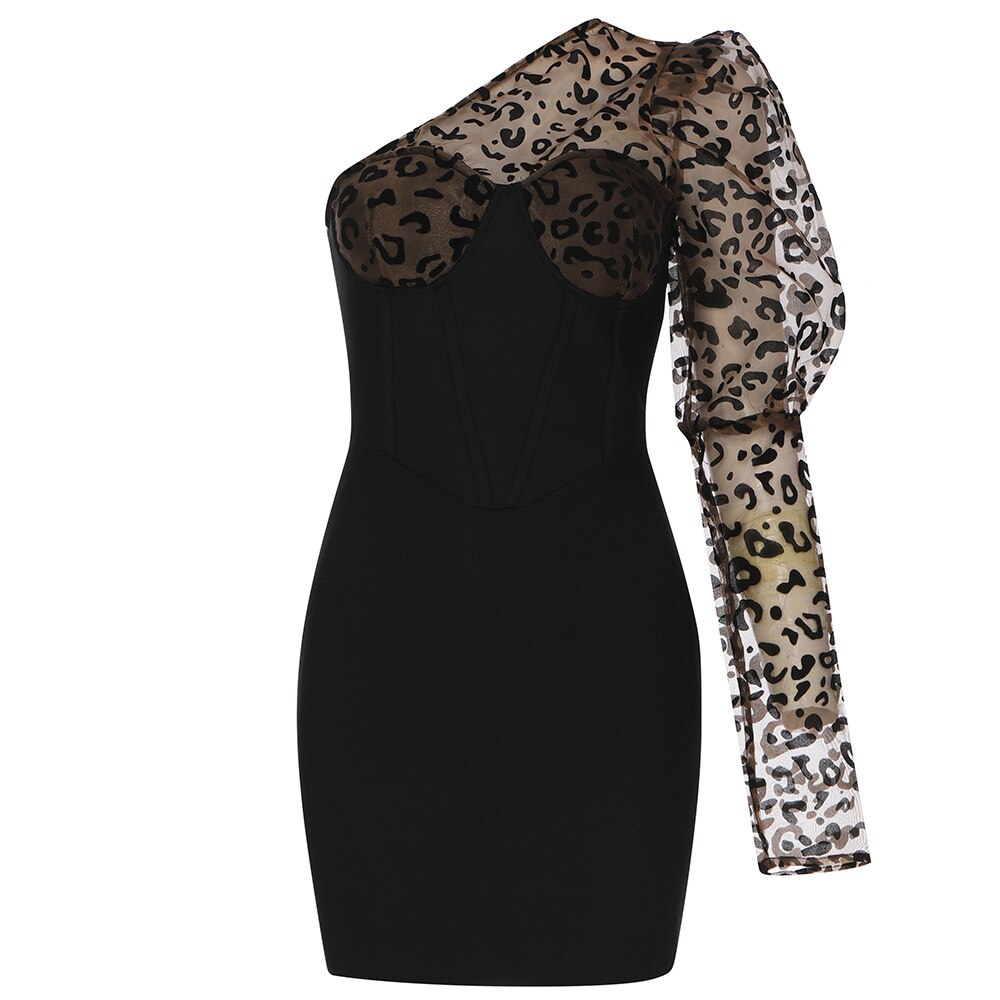 sixsr Sexy One-shoulder Leopard Print Women Dress Patchwork Mesh Backless Bandage Dress Women Summer Slim Party Clubwear
