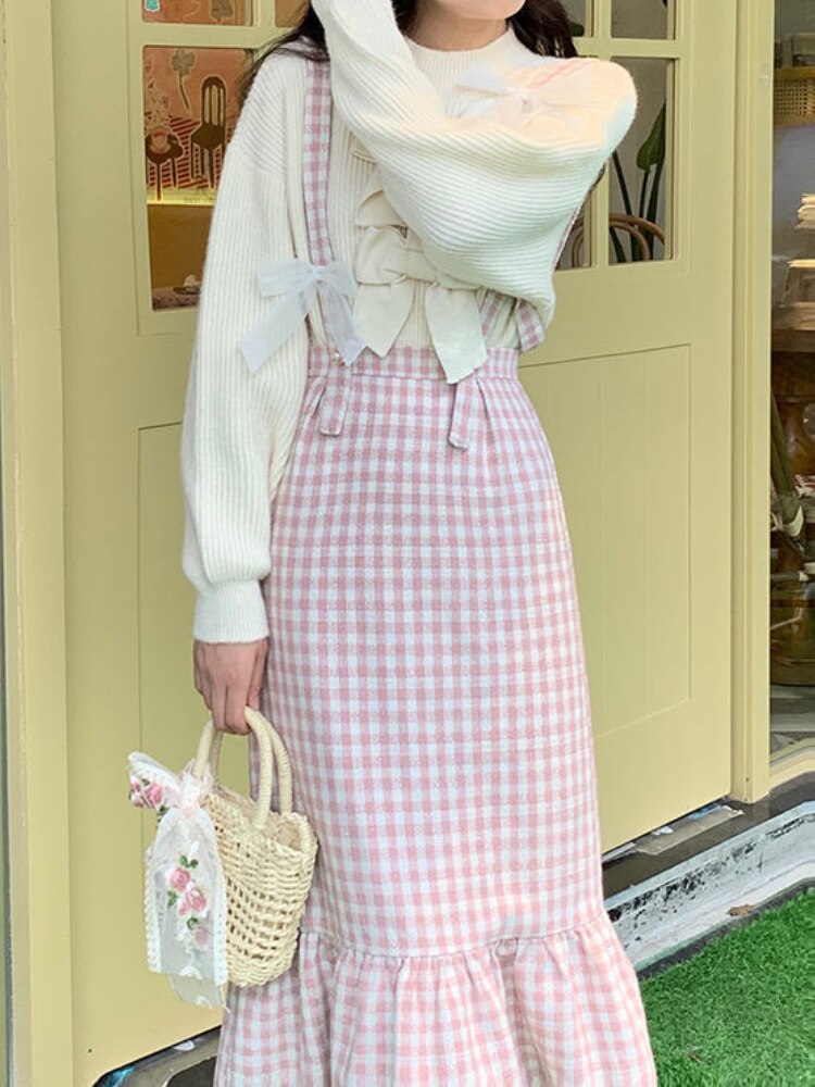 Sixsr Spring Japanese Kawaii Plaid Strap Skirts Women Sweet Bow Designer Party Midi Skirt Female Casual Korean Fashion Cute Skirt