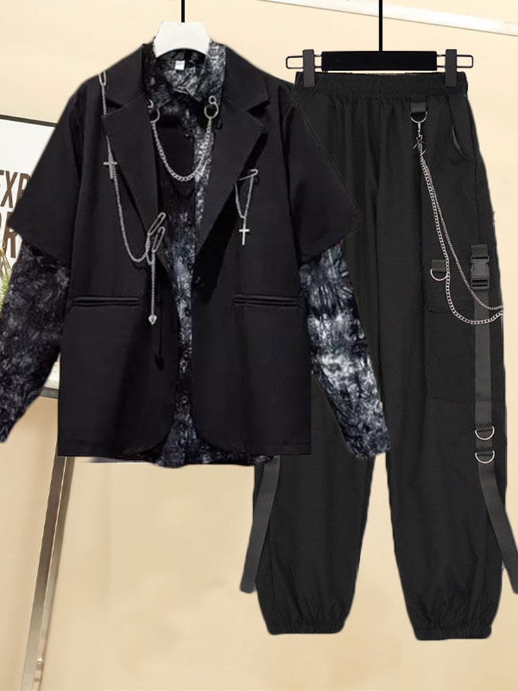 Sixsr Autumn 2024 Women Chain Cargo Pants+Chian Blouse+Chain Vest Women Streetwear Harajuku 3 Piece Set For Women Pants