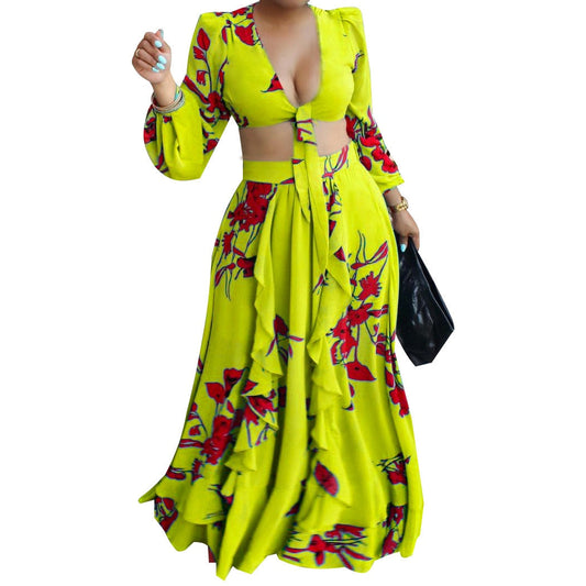 sixsr Summer  Fashion African Women Long Sleeve V-neck Polyester Printing Yellow Orange Green Two Pieces Sets Top and Long Skirts