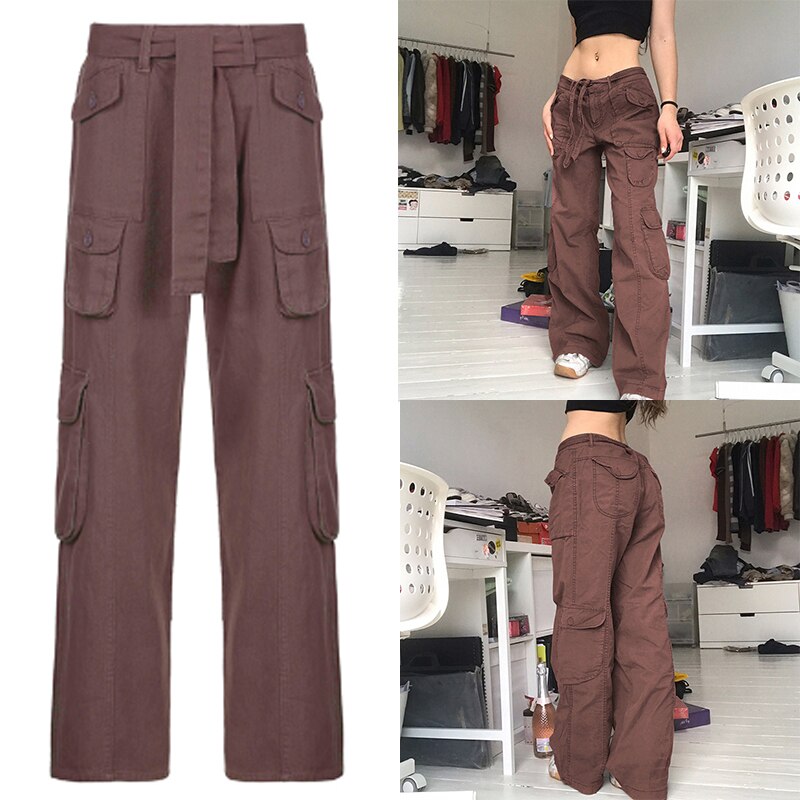 Sixsr Women Spring Fashion Multi Pockets White Cargo Pants Women Adjustable Low Waist Baggy Wide Leg Jeans Oversized Casual Trousers Retro Bottoms Iamhotty