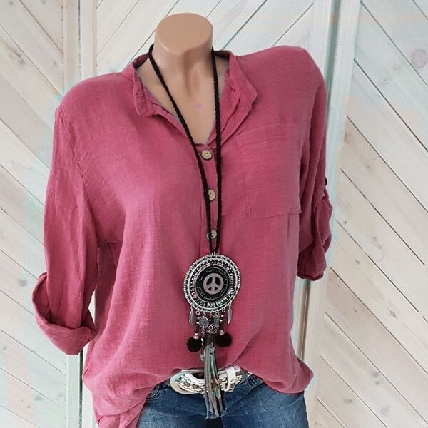 Sixsr Oversized Women Blouses Cotton Linen Blouse Autumn Shirts Casual Long Sleeve Button V Neck Loose Shirt Lady Tops Plus Size S-5XL
