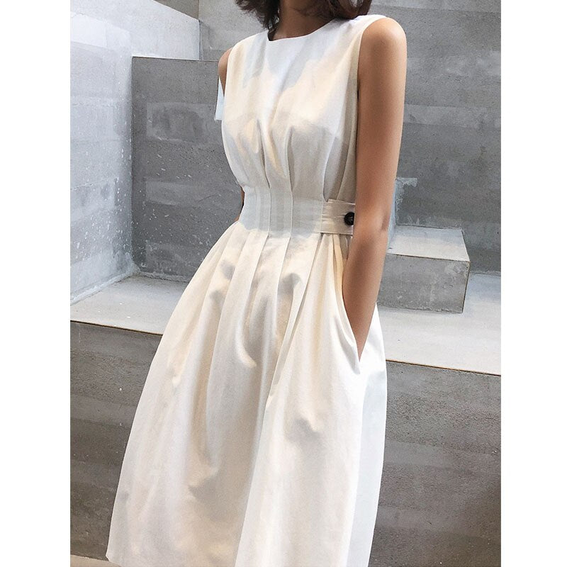 sixsr Summer Outfits Summer Women Solid Long Dress White Chic Elegant Casual Party O Neck Sleeveless Tank Female Waist Retraction Holiday Party Robe