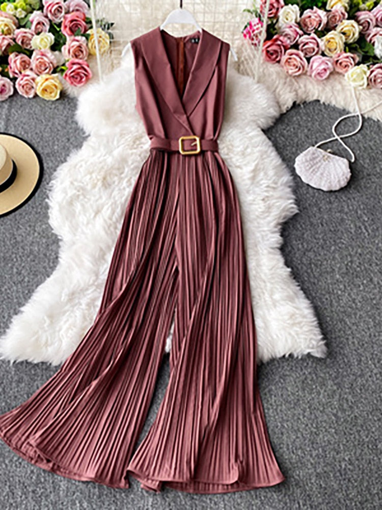 Vintage Notched Collar Draped Rompers For Women Casual Sleeveless High Waist Wide Leg Playsuits Female Beige/Green Jumpsuit