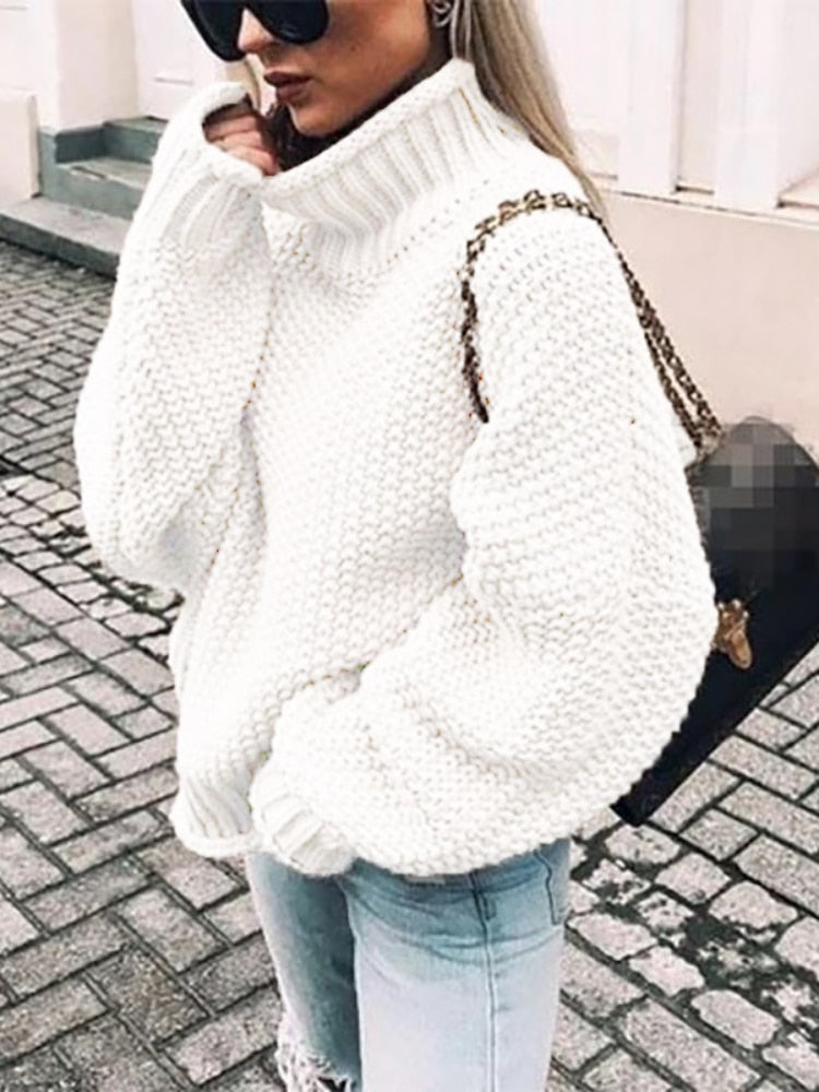 sixsr Womens Fall Fashion Sweater Women Autumn/Winter Turtleneck Doll Sleeve Loose Knit Sweater Fashion Women's Top Sweaters High Quality Thermal