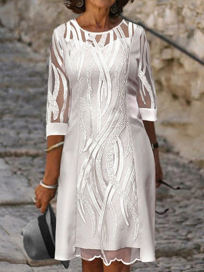 sixsr Fashion Trends Embroidered Dress Half Sleeve Casual Dress Sexy See-through Patchwork Lace Party Dress Women Fashion O Neck Loose Pullover Dress