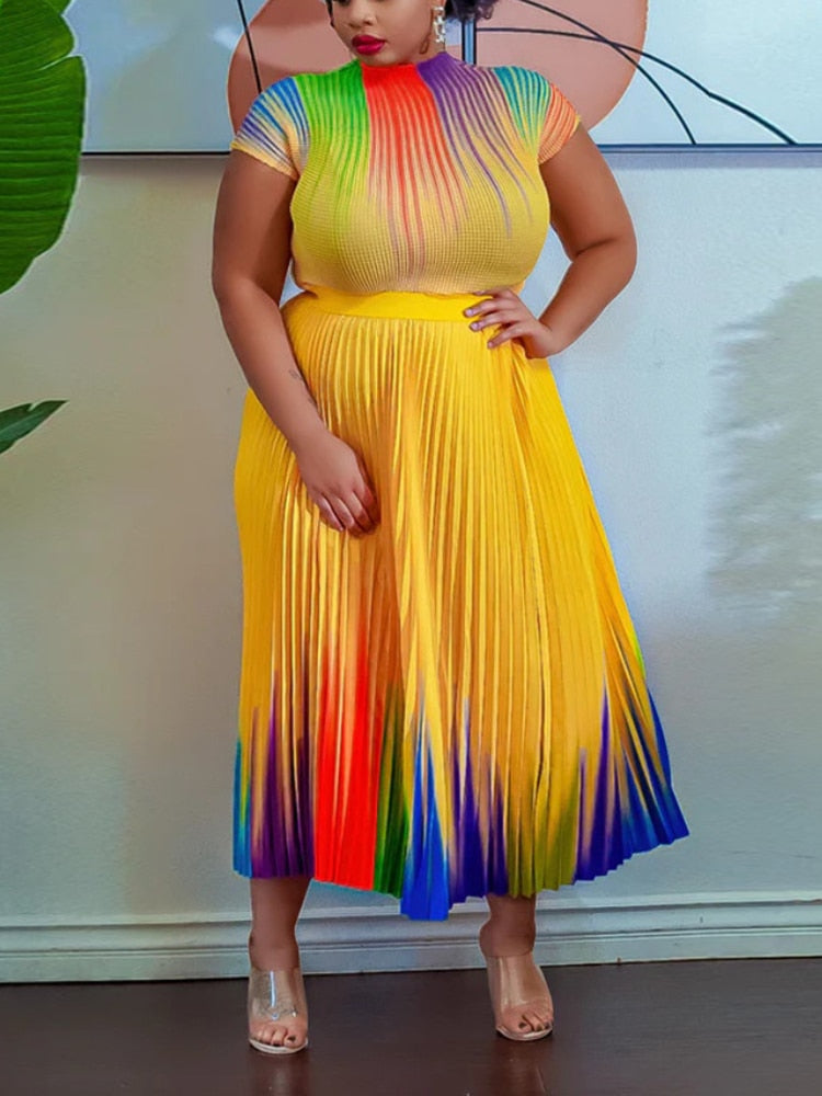 Long Pleated Dress Sets Women 2 Piece Outfits Summer Short Sleeve Gardient Print Swing Skirt Set Elegant Casual New In