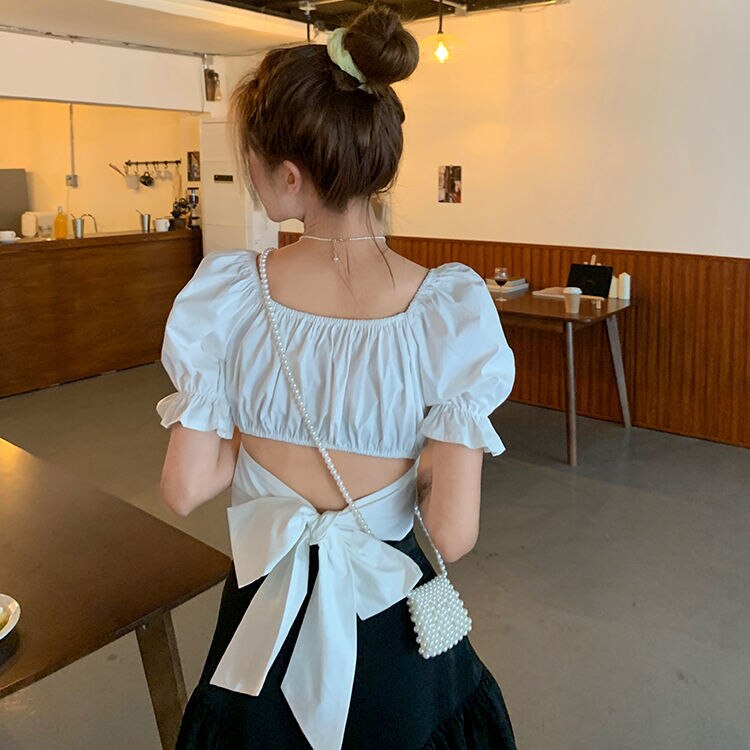 Sixsr Women Spring Fashion Back Puff Sleeve Shirts Women Autumn French Bow Bandage Blouses New Black Pink Square Neck Cropped Tops Female