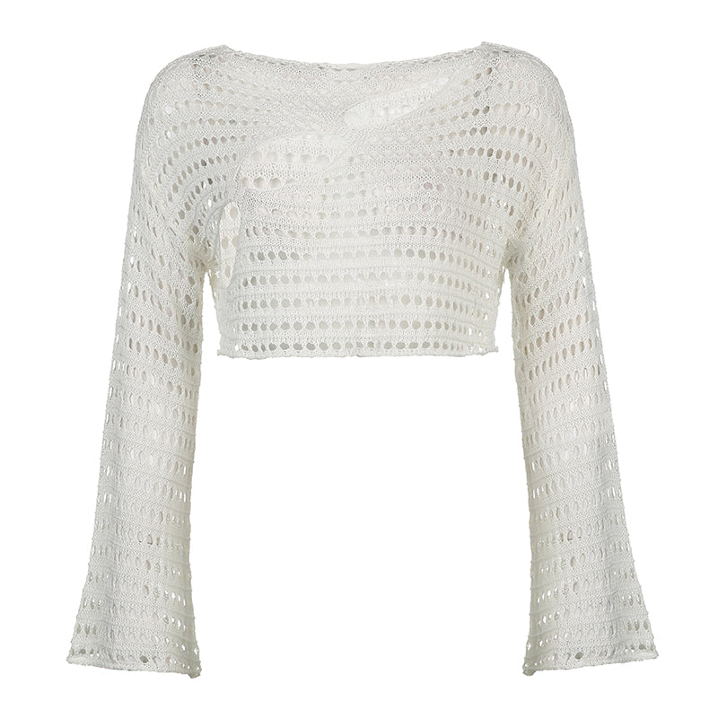 sixsr Hot Sell Irregular Hollow Out Knitted Y2K T-Shirts Women Summer Vacation Clothes O Neck Flare Sleeve See Through Casual Tops