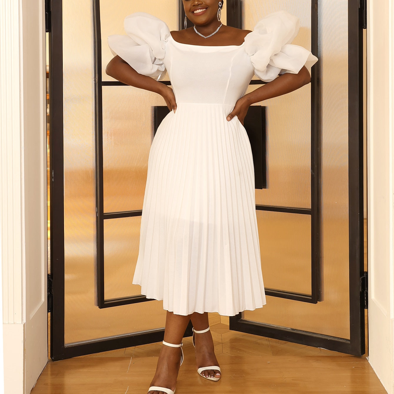 Women Elegant White Pleated Dresses Midi Off Shoulder Puff Sleeve A Line Cocktail Party Swing Dress Prom Summer Big Size