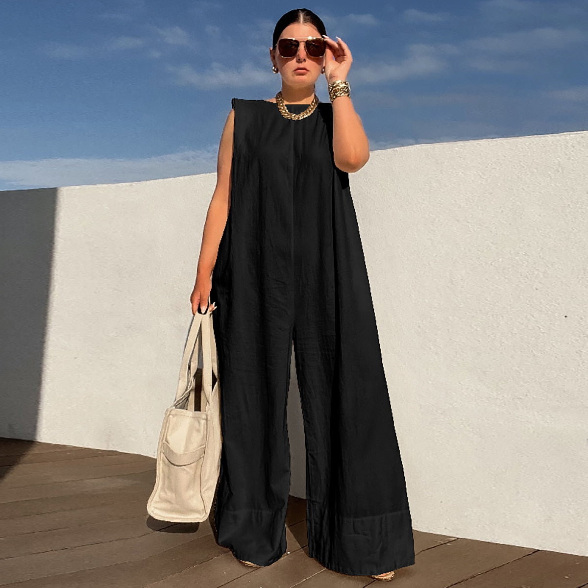 Solid Color Sleeveless Wide Leg Fitness Summer Fashion Female Loose White Black Casual Cool Jumpsuits for Women