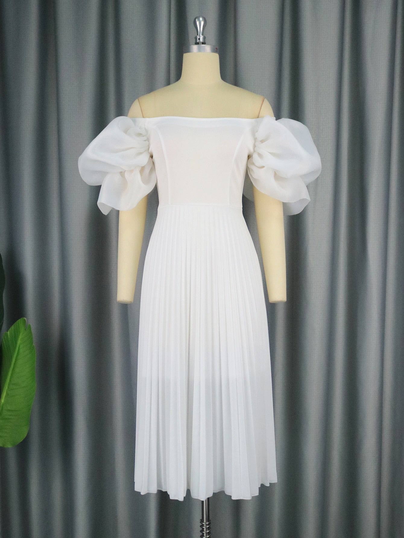 Women Elegant White Pleated Dresses Midi Off Shoulder Puff Sleeve A Line Cocktail Party Swing Dress Prom Summer Big Size