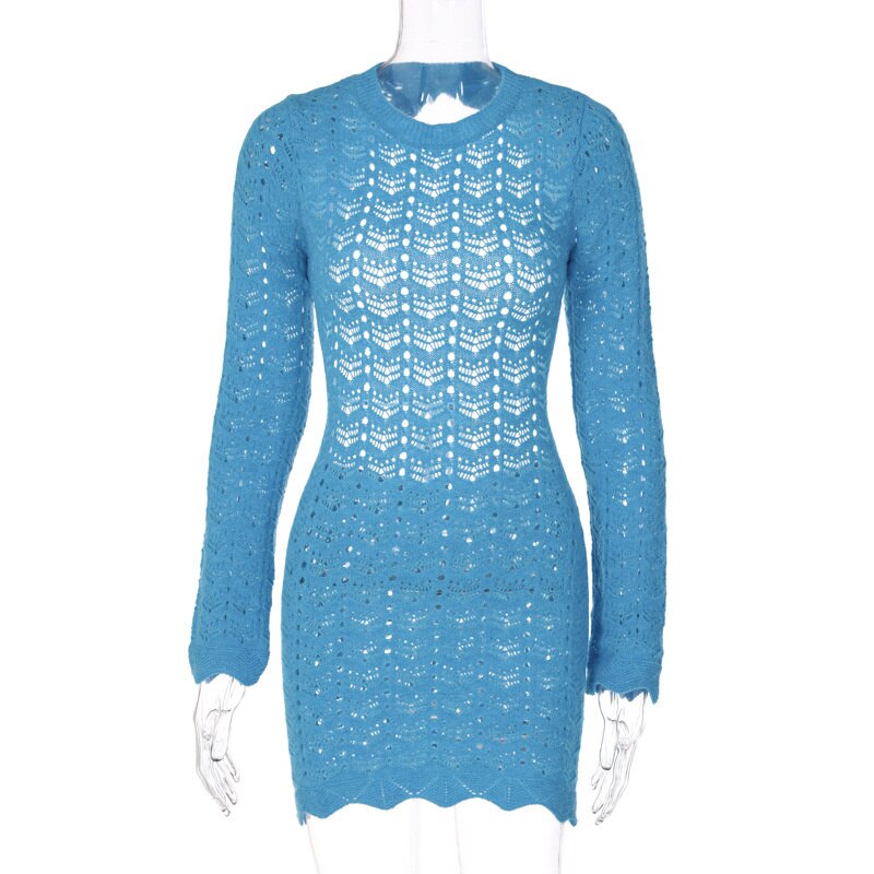 sixsr Round Collar Backless Blue Dress Women Sexy Long Sleeve Elegant Beachwear Solid Bodycon See Through Sheath Dress Female
