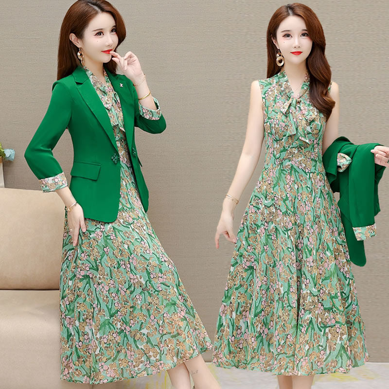 sixsr Spring Autumn New Suit Jacket Dress Two-piece Women's Elegant Blazers Floral Long Skirt Set Female Office Professional Wear