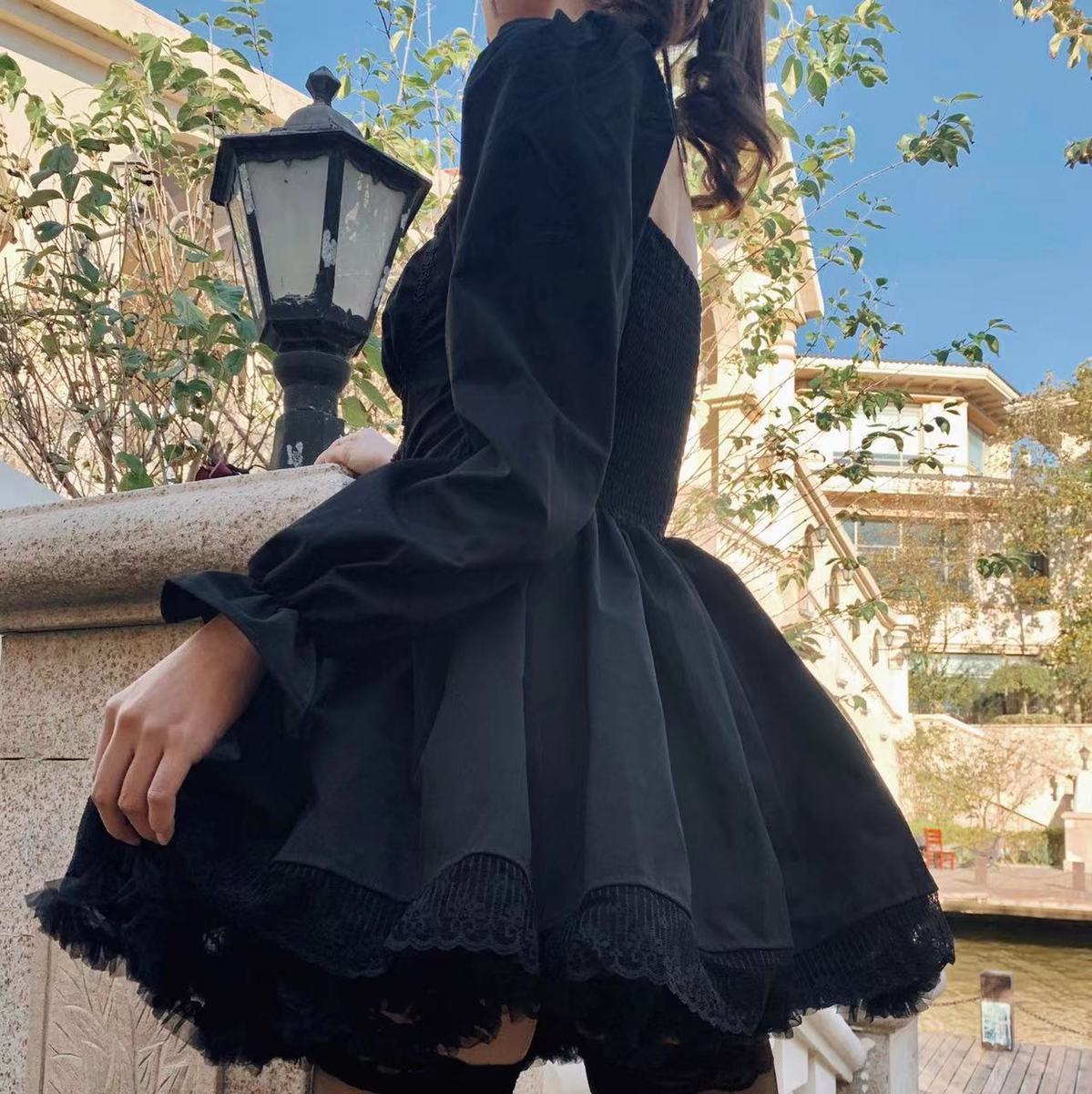 sixsr Womens New Trends White Lolita Dress Kawaii Vinatge Long Sleeve Mini Dresses Black Gothic Bandage Lace Patchwork Streetwear Square Collar