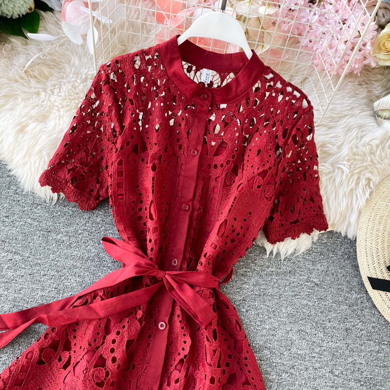 Sixsr Women Elegant Hollow Out Lace Dress Office Lady Summer Solid O-Neck Button up Sashes Midi Dress Female Chic Short Sleeve Dress