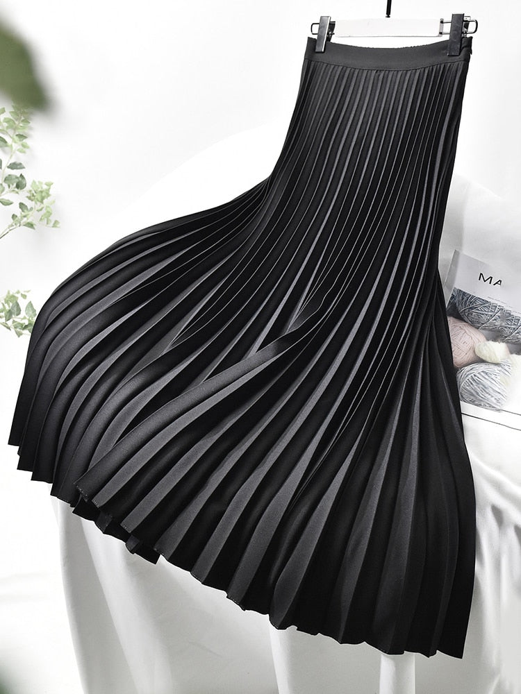sixsr Brand Designer Women Spring Autumn Elegant Chic Solid Pleated Skirt High Waist Luxury Fashion With Elastic Female C-035