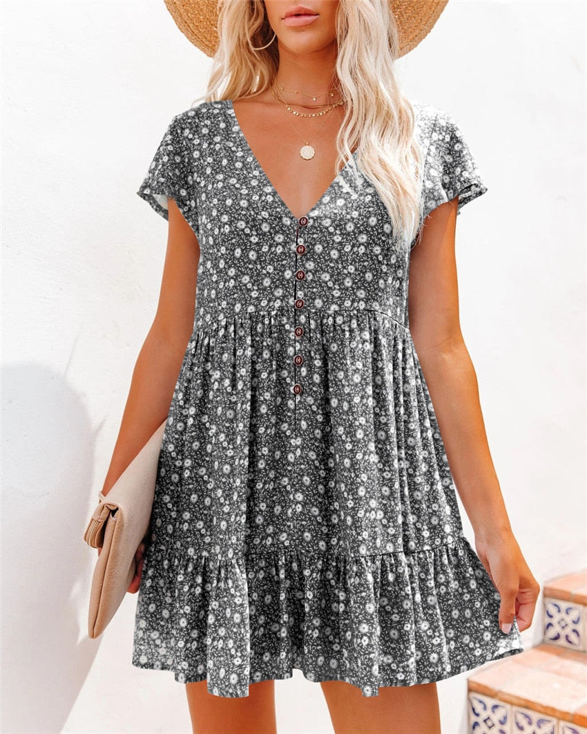 Spring summer v-neck floral short-sleeved dress