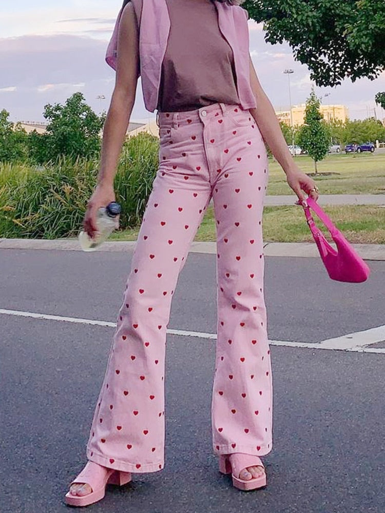 Sixsr  Fashion Trends Y2K Pink Pants Heart Printed Sweet Trousers Vintage Aesthetic Party Pants Pockets Joggers Festival Outfits Women New