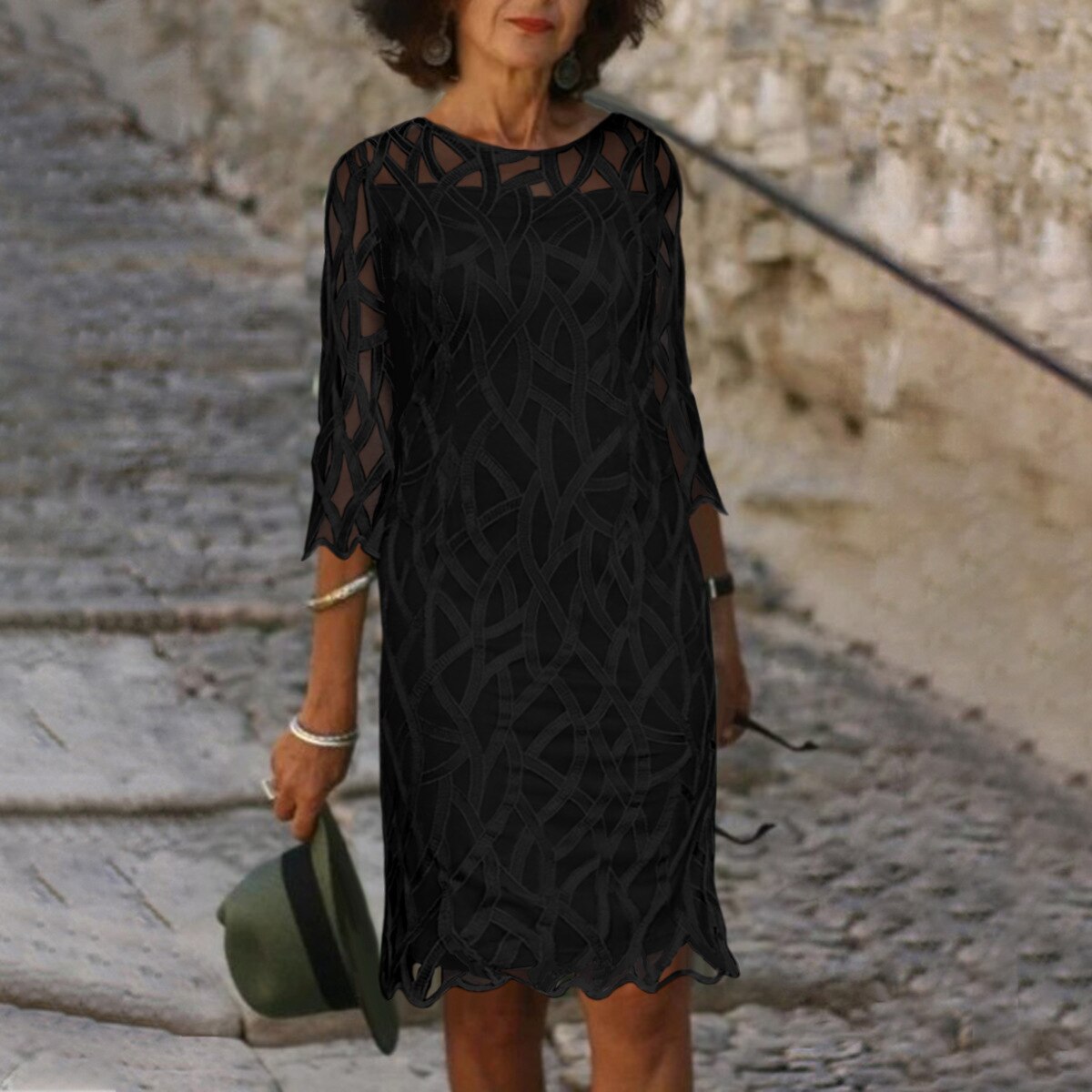 sixsr Fashion Trends Embroidered Dress Half Sleeve Casual Dress Sexy See-through Patchwork Lace Party Dress Women Fashion O Neck Loose Pullover Dress