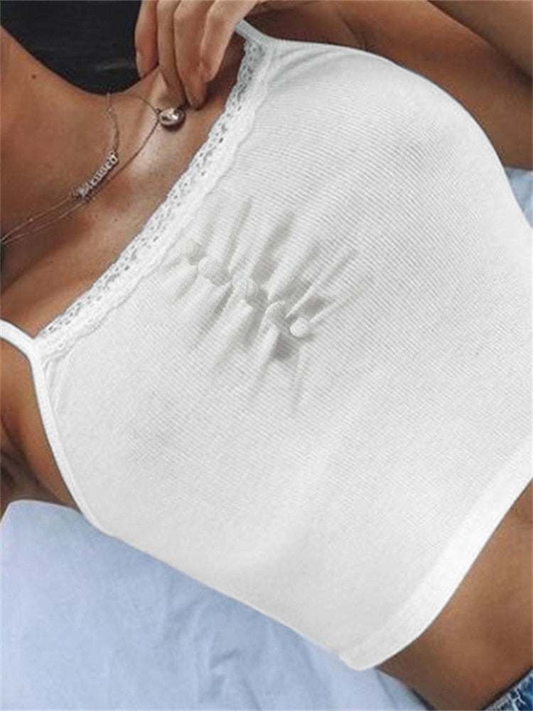 sixsr Womens Fashion Streetwear Lace Patchwork Summer White Tank Top Women Home Y2K Fashion Leisure Outfit Basic Casual Crop Tops Kawaii Clothes