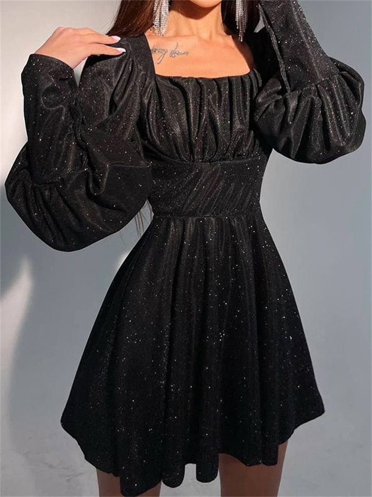 Sixsr Forefair Loose Party Club A Line Long Sleeve Women Mini Dress Spring Summer Casual Shining Glitter Women's Girls Dresses