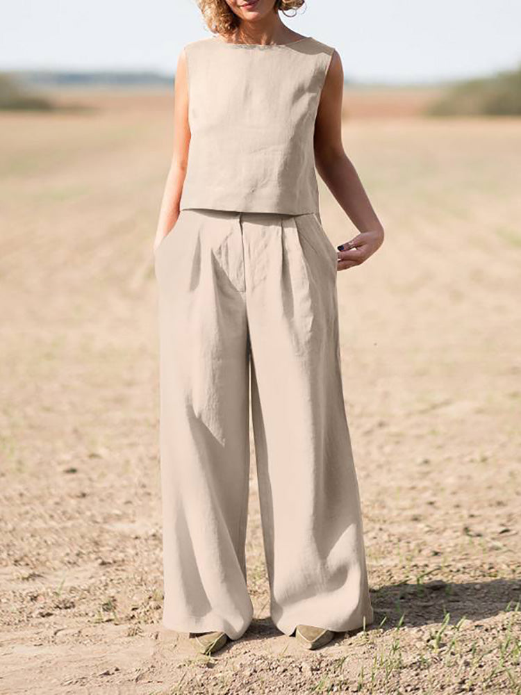 sixsr Summer Outfits Casual Summer Women Set Vintage Sleeveless Blouse O-Neck Top + Straight Wide Leg Pants Suit Two Piece Solid Color Sets