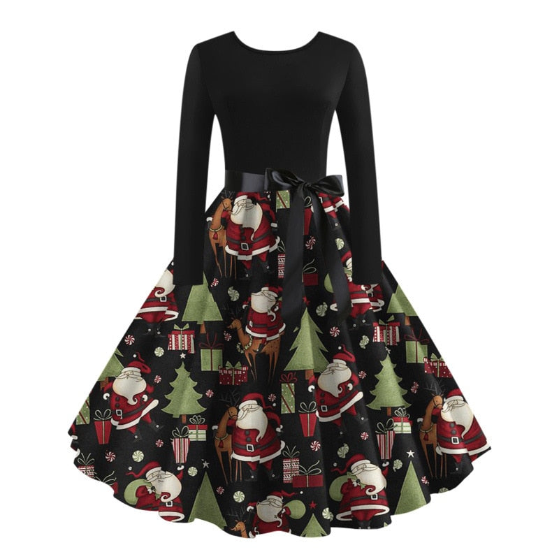 Christmas Halloween Costumes Retro Positioning Print Party Casual Long Sleeve Round Neck Swing Dress