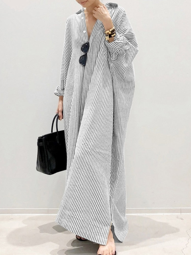 Summer New Dress Fashion Cotton Linen Striped Cardigan Loose Large Casual Temperament Commuter Irregular Women's Long Dress tops