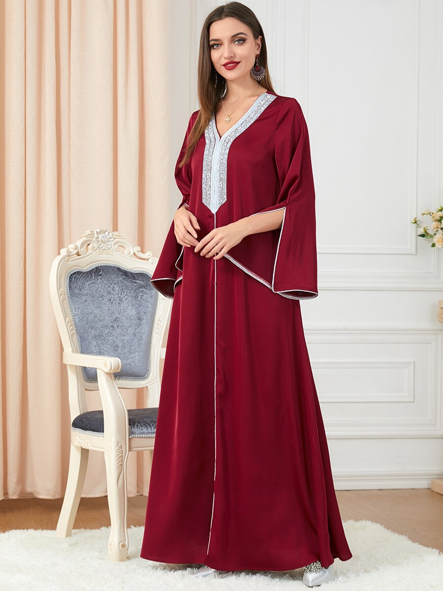 Morocco Party Dress Muslim Women Abaya Prayer Caftan V Neck Diamond Maxi Dresses Robe India Abayas Dubai Longue Vestidos Largos