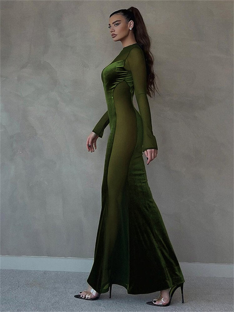 sixsr Womens Fall Fashion Mesh Patchwork O Neck Long Sleeve Maxi Dress Women Autumn Winter Elegant Sexy See Through Party Dresses Club Outfits