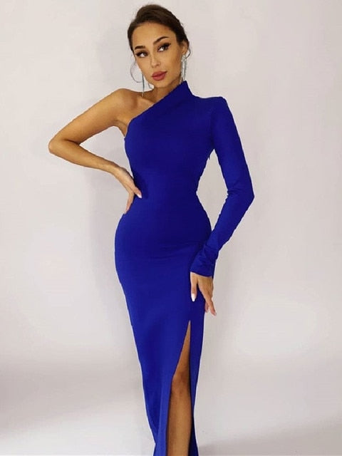 Long Elegant Dresses for Women Summer One Shoulder Maxi Dress Bodycon Sexy Black Slit Fomal Wedding Evening Party Dress