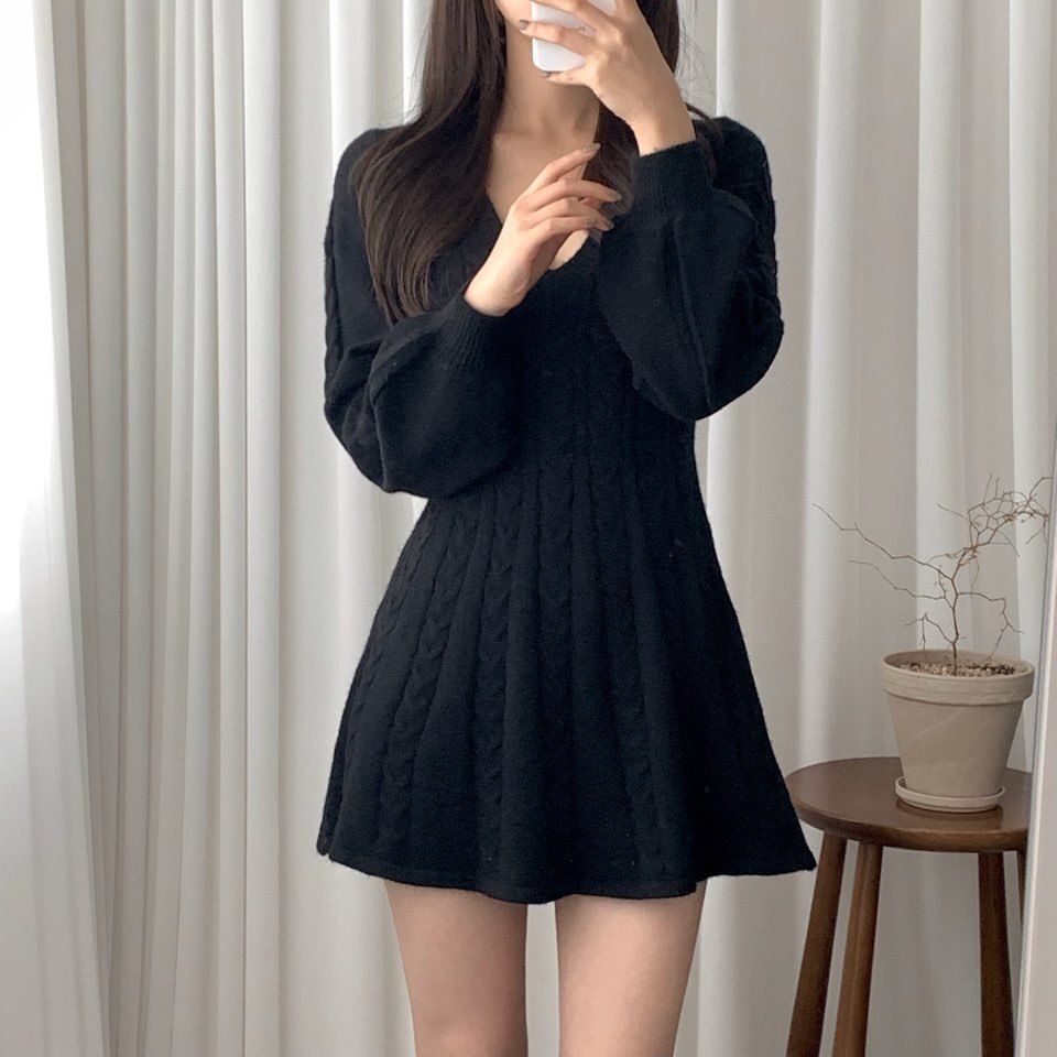 Long Sleeve Elegant Pink Mini Knit Dress Women Autumn Winter Solid Color A-line Puff Sleeve Sweet Short Sweater Dresses