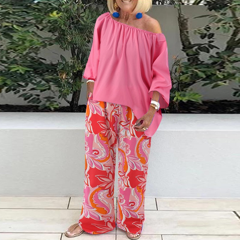 Pants Sets Fashion One Shoulder 3/4 Sleeve Tops Floral Print Wide Leg Trouser Women Two Piece Sets Casual Loose Suit
